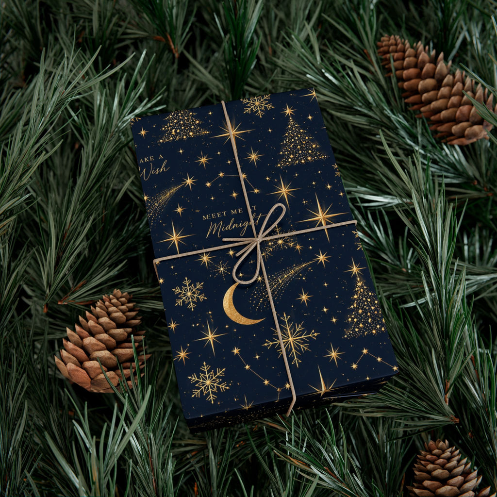 Midnight Stars Christmas Wrapping Paper – Navy & Gold Celestial Holiday Gift Wrap