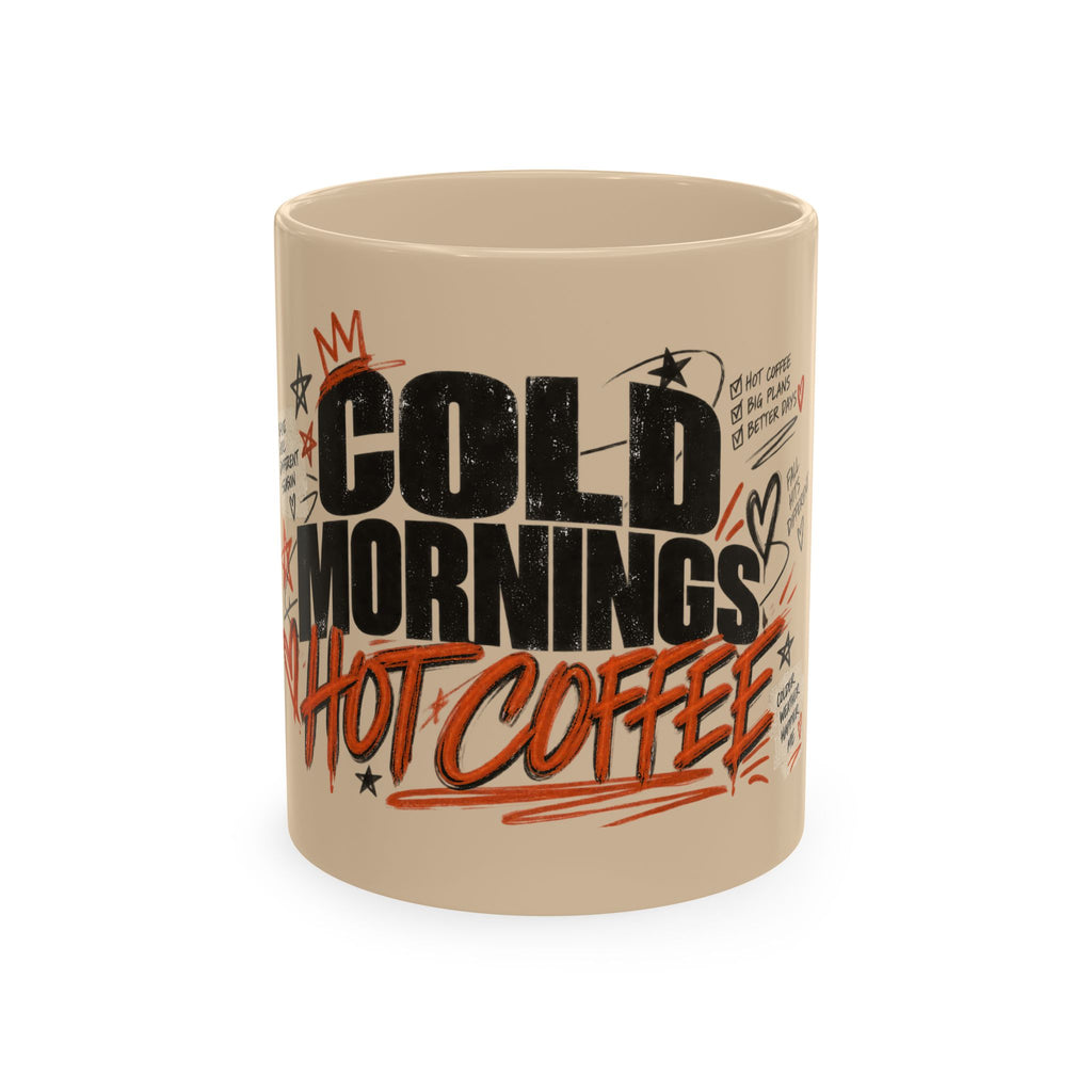 Beige ceramic Cold Mornings Hot Coffee mug with black and orange lettering and playful doodle accents