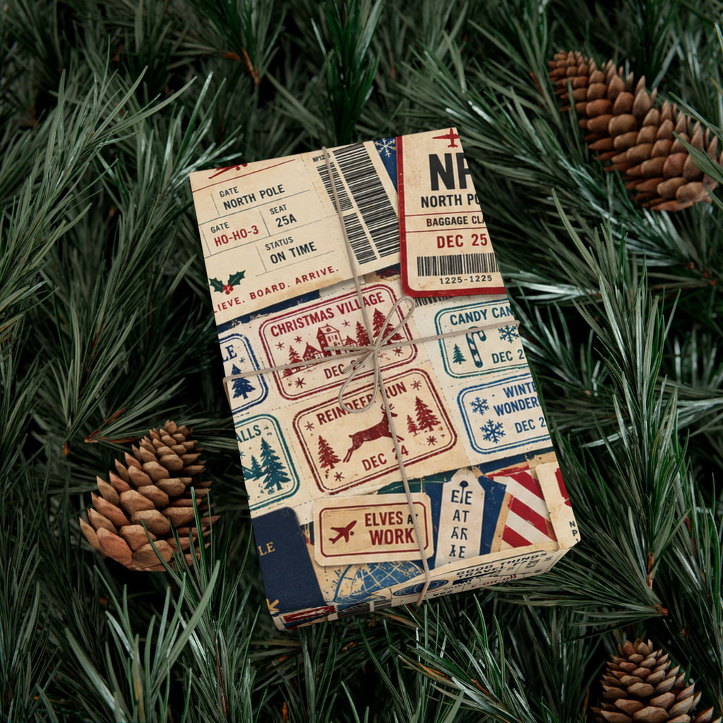Airmail Vintage Travel Gift Wrap Paper Roll — Retro Postage & Boarding Pass Pattern