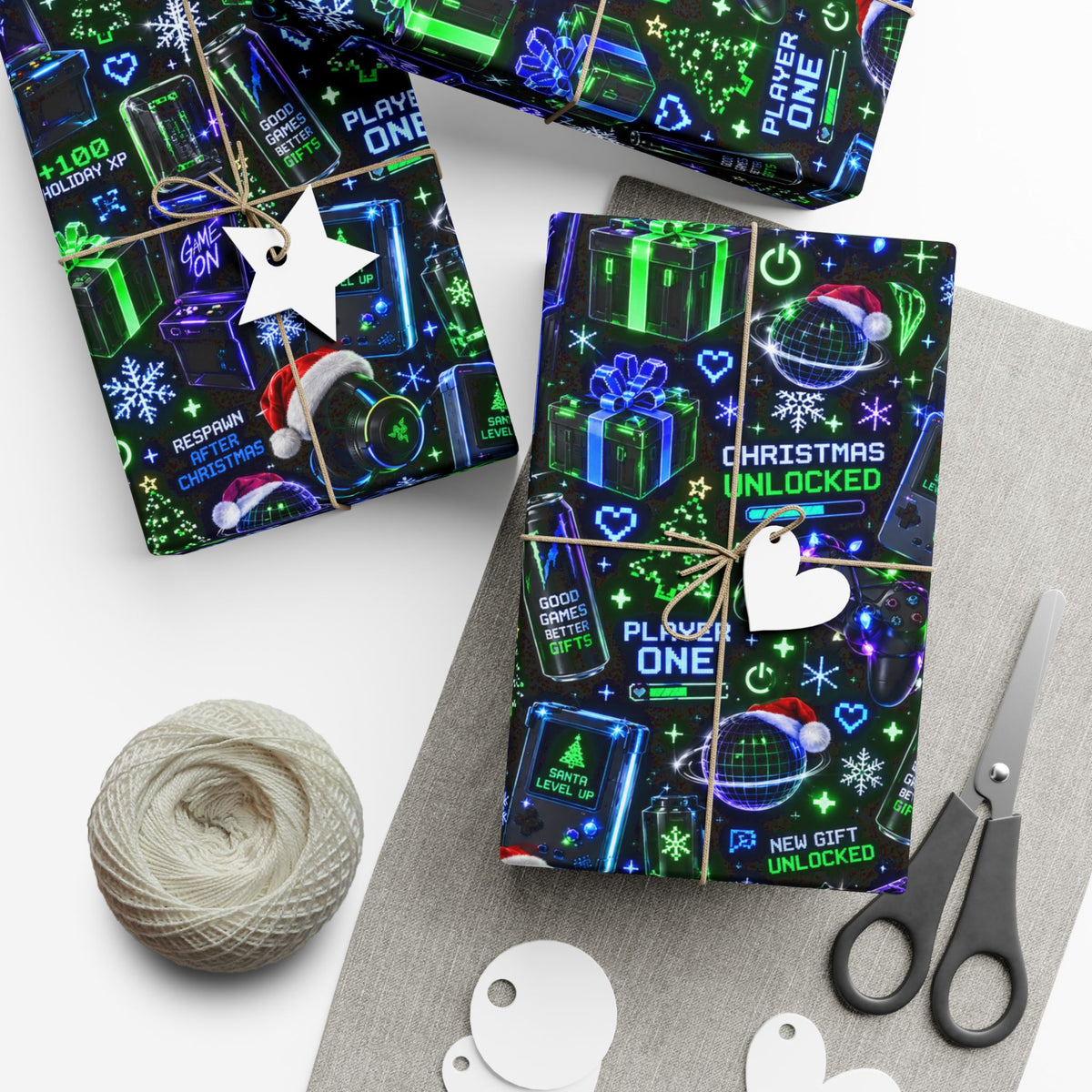 Gift Wrap Paper — Neon Gamer Holiday Pattern (Player One, Snowflakes & Controllers)