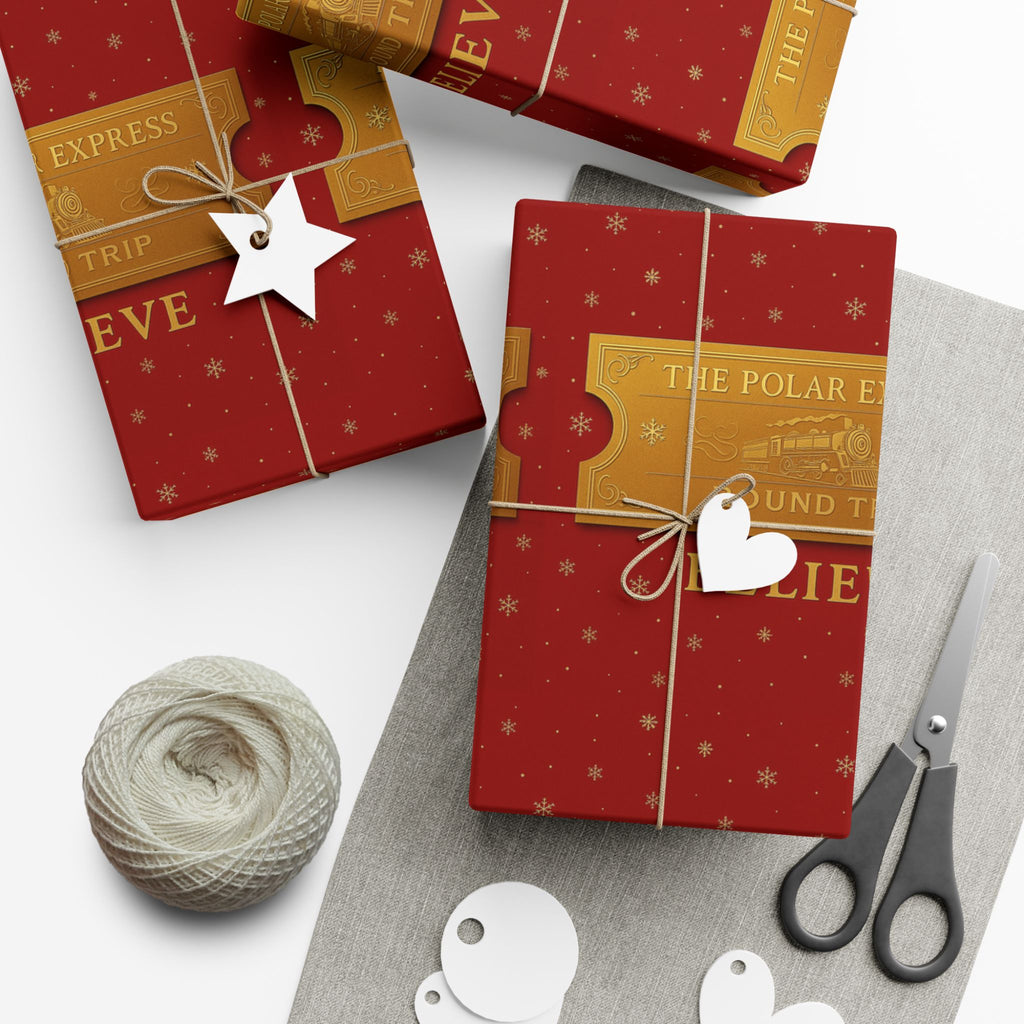 Christmas Golden Ticket Gift Wrap Papers - Polar Express Design for Holiday Parties, Movie Nights, DIY Gift Surprises. Red and Gold