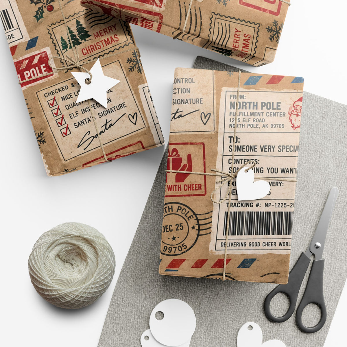 Package in Transit Christmas Wrapping Paper – North Pole Shipping Label Holiday Gift Wrap