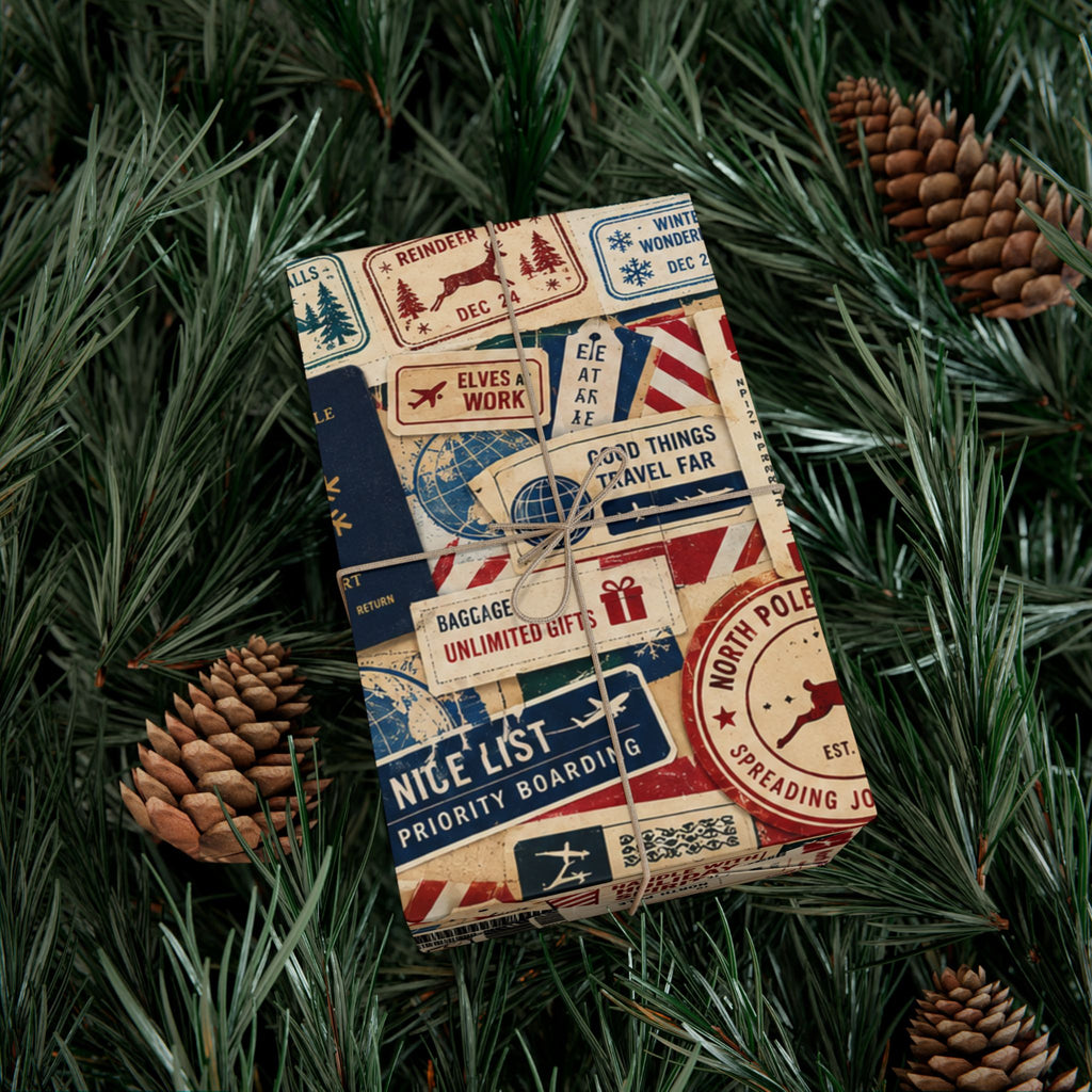 Airmail Vintage Travel Gift Wrap Paper Roll — Retro Postage & Boarding Pass Pattern