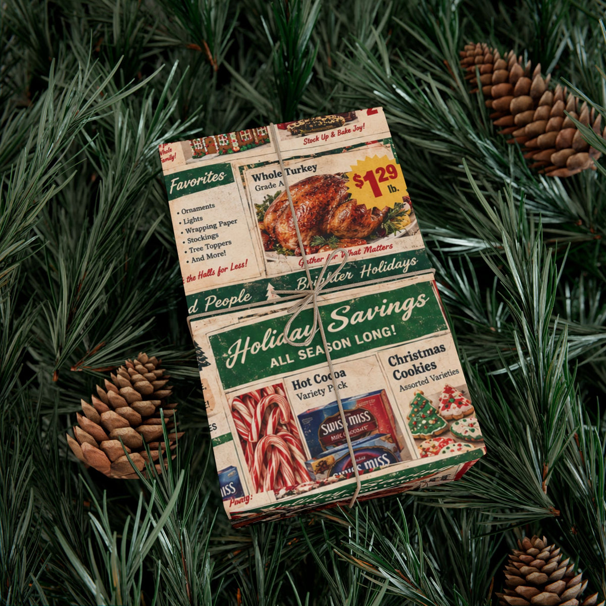 North Pole Market Christmas Wrapping Paper – Retro Grocery Circular Holiday Gift Wrap