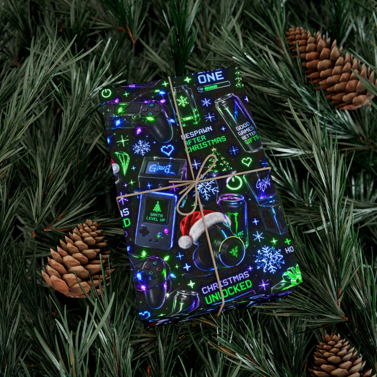 Neon Gamer Christmas wrapping paper on a gift with colorful game controllers, snowflakes and playful holiday graphics