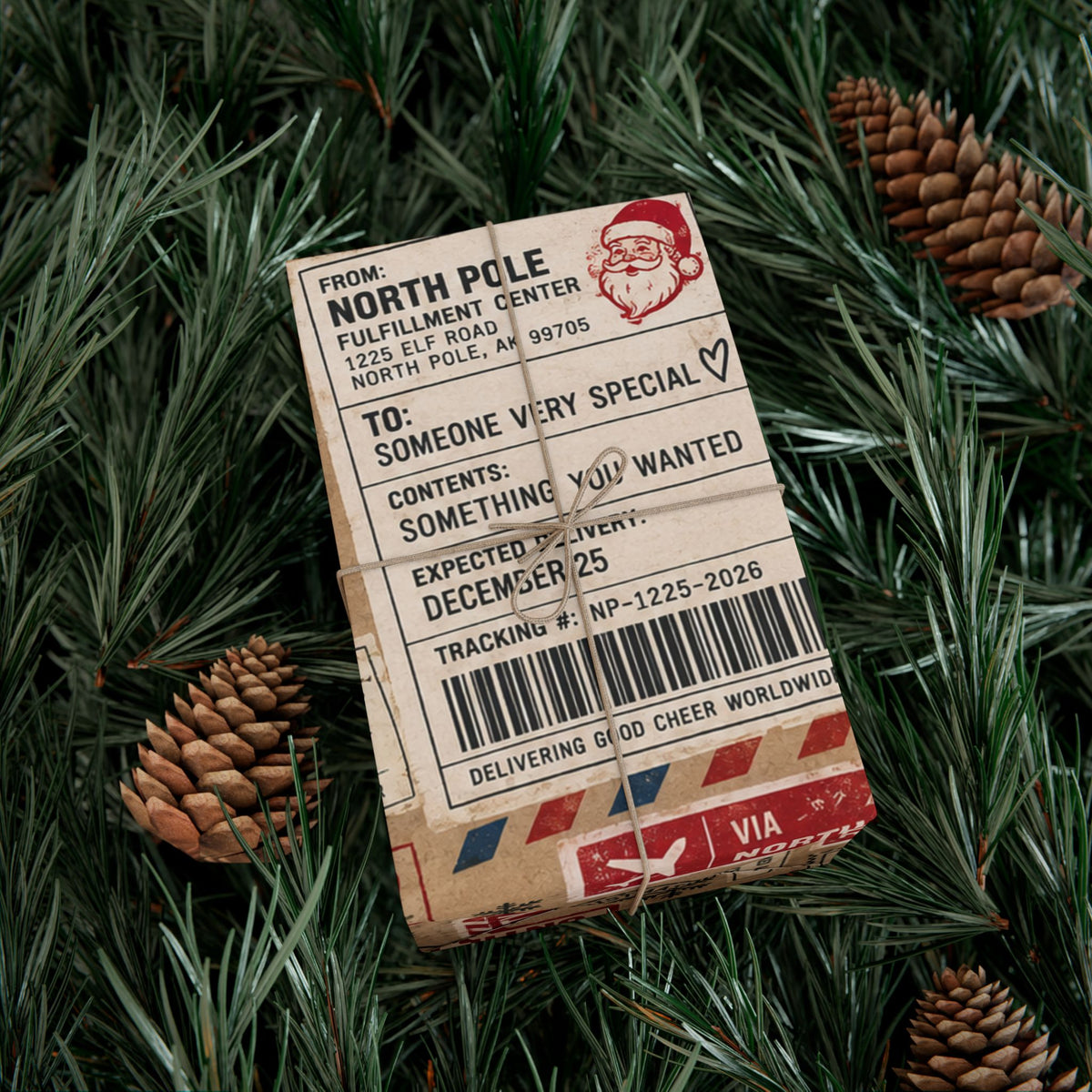 Package in Transit Christmas Wrapping Paper – North Pole Shipping Label Holiday Gift Wrap