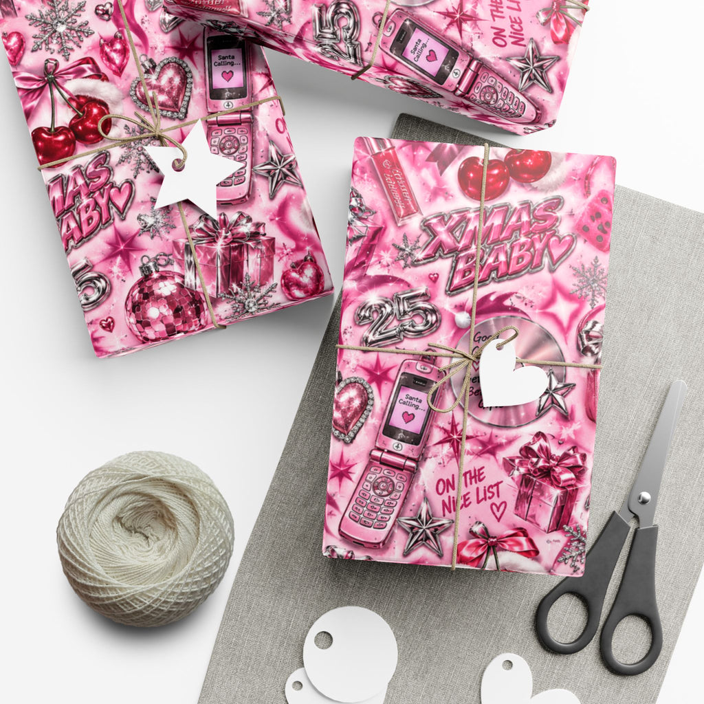 Xmas Baby Y2K Christmas Wrapping Paper – Pink Chrome 2000s Holiday Gift Wrap