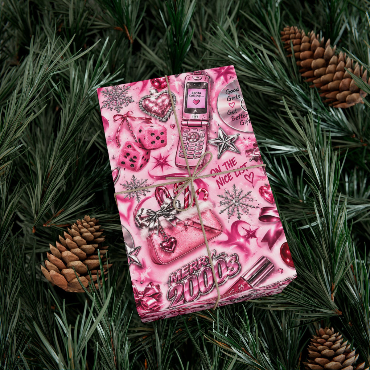 Xmas Baby Y2K Christmas Wrapping Paper – Pink Chrome 2000s Holiday Gift Wrap