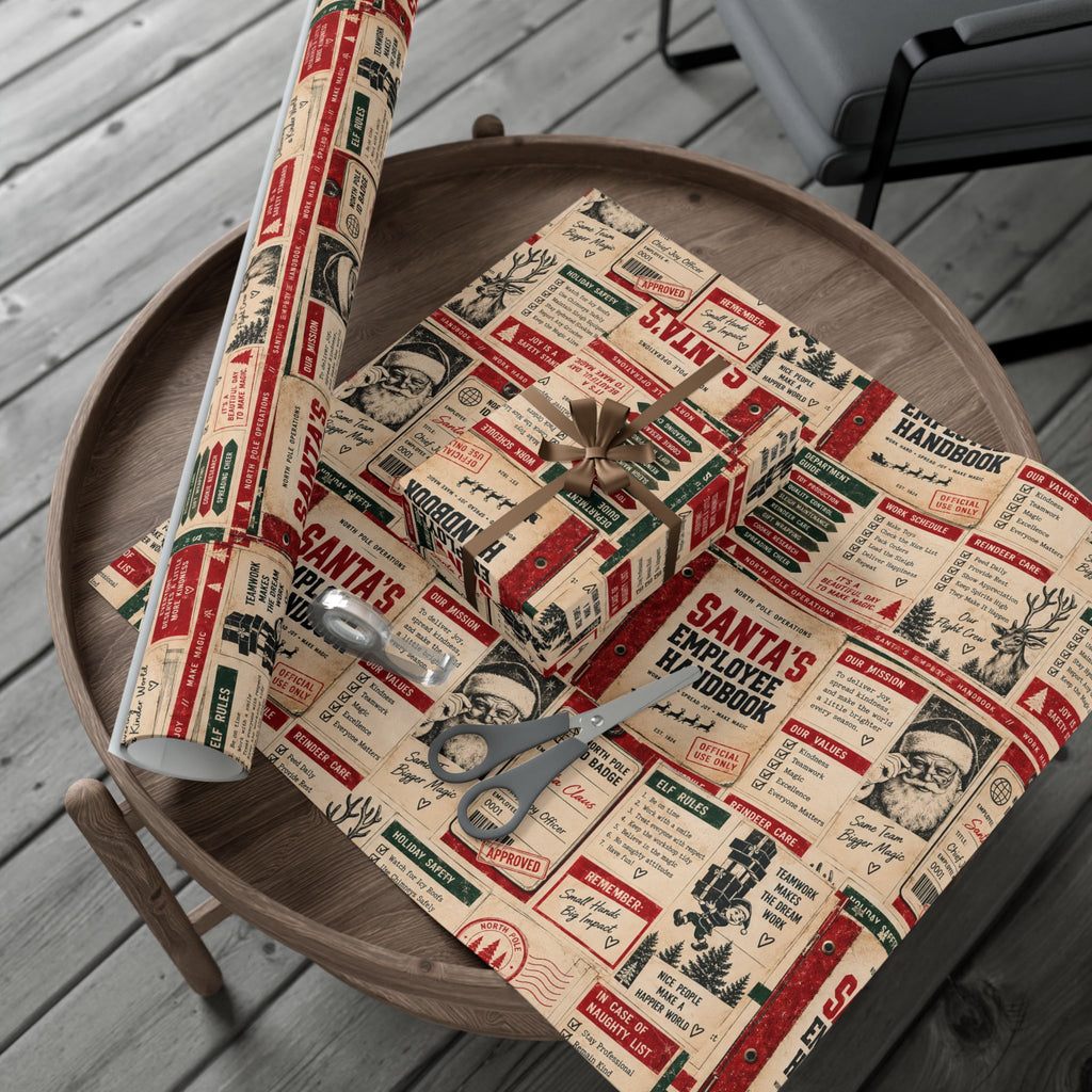 Santa’s Employee Handbook Christmas Wrapping Paper – Funny North Pole Office Holiday Gift Wrap