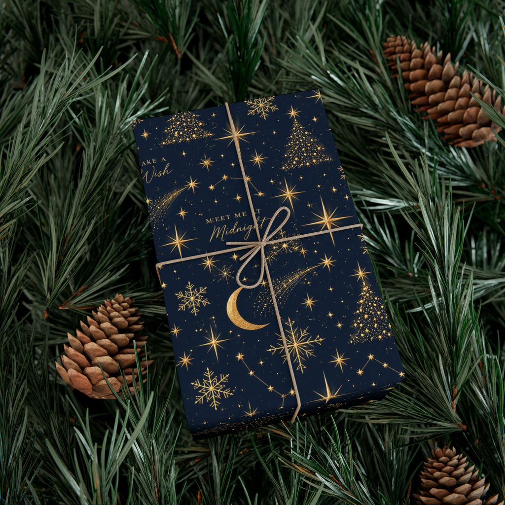 Midnight Stars Christmas Wrapping Paper – Navy & Gold Celestial Holiday Gift Wrap