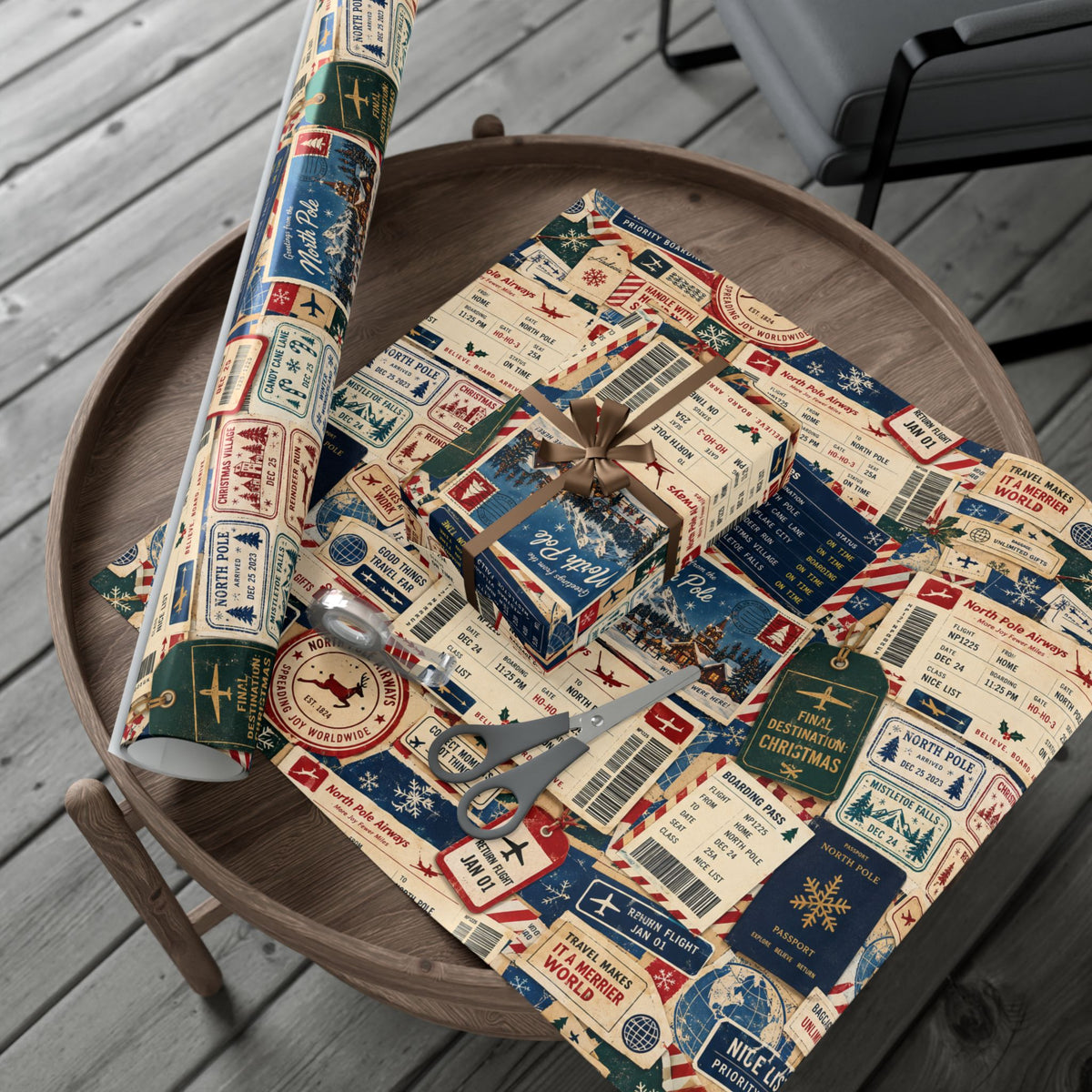 Airmail Vintage Travel Gift Wrap Paper Roll — Retro Postage & Boarding Pass Pattern