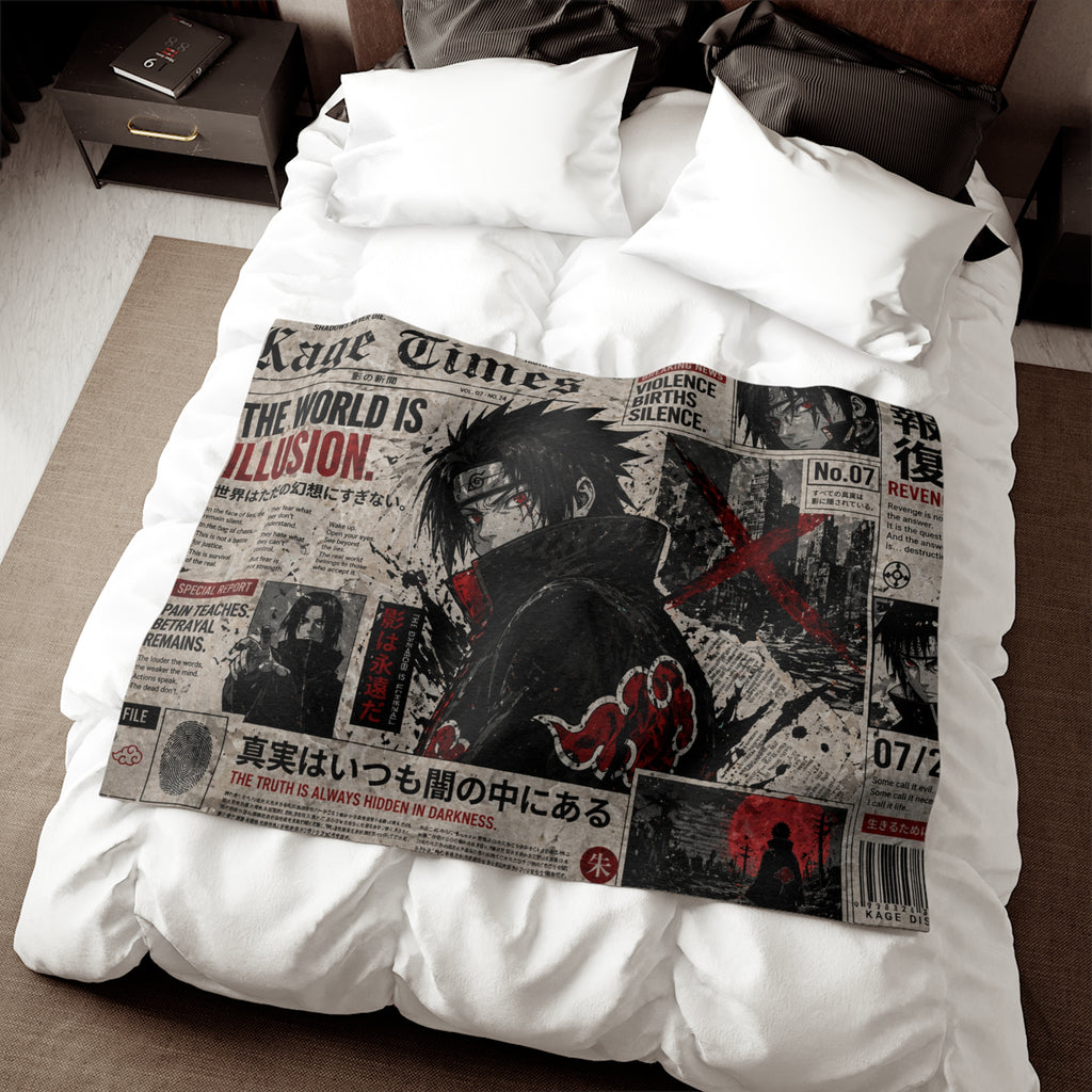Kage District Newspaper Style Anime Ninja Sweatshirt Blanket | Manga Graphic Throw Blanket