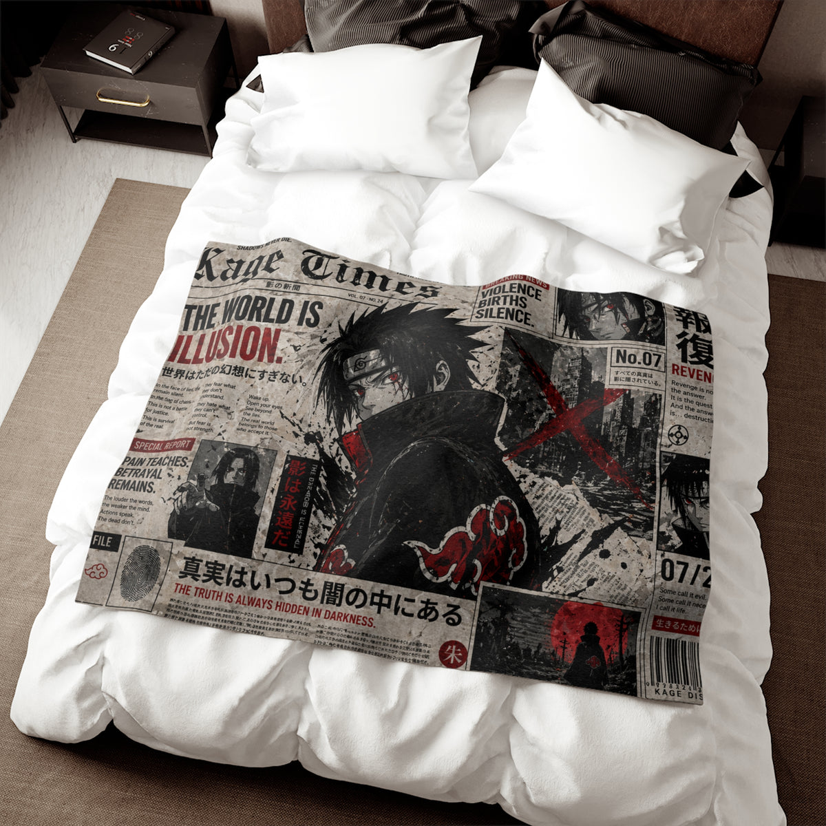 Kage District Newspaper Style Anime Ninja Sweatshirt Blanket | Manga Graphic Throw Blanket