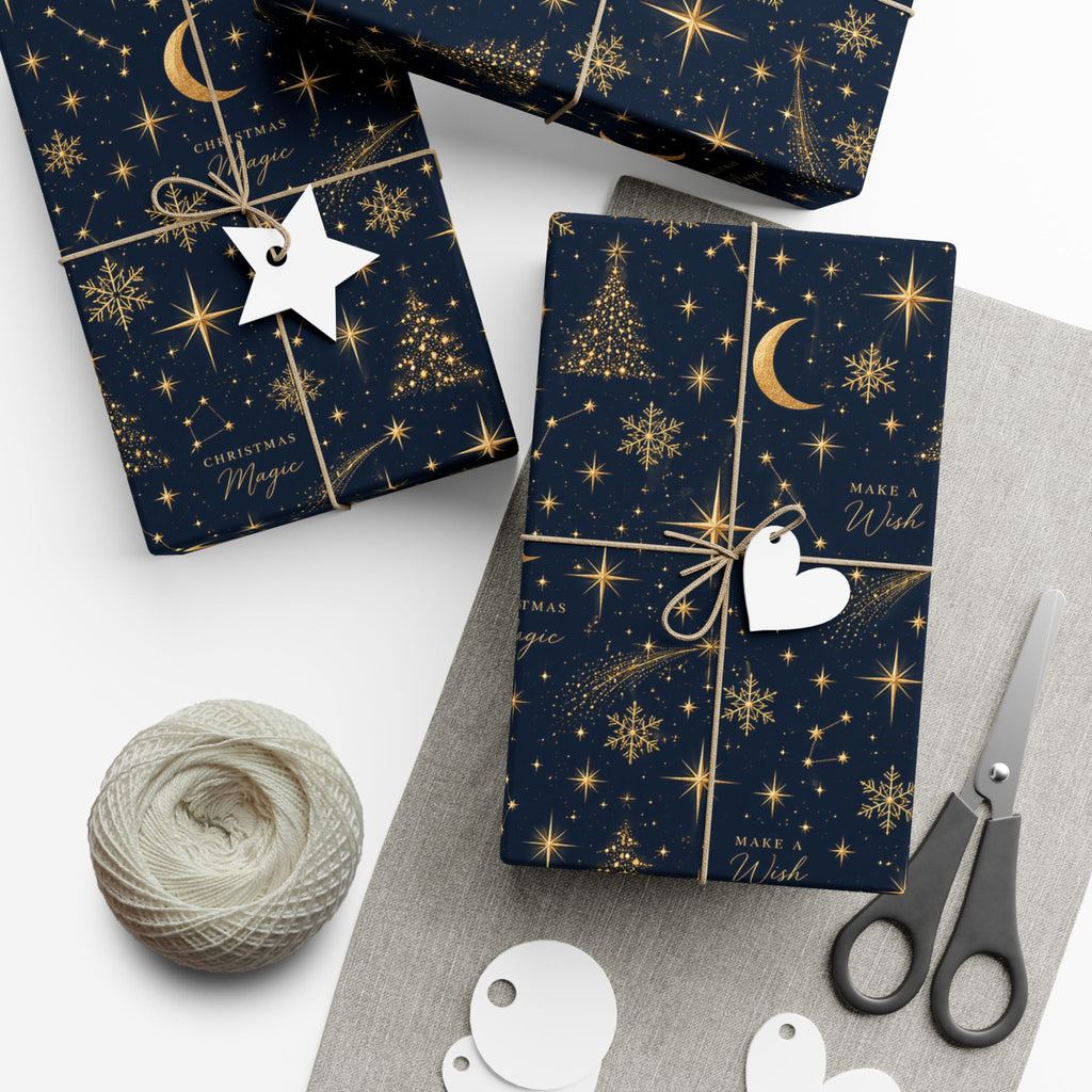 Midnight Stars Christmas Wrapping Paper – Navy & Gold Celestial Holiday Gift Wrap