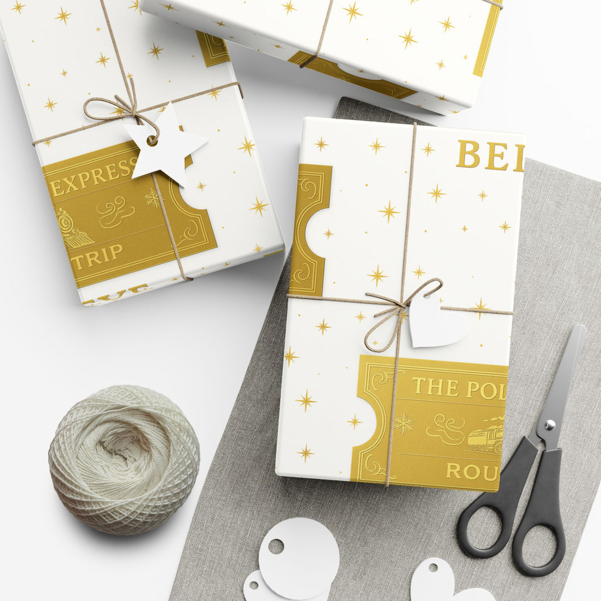 Christmas Golden Ticket Gift Wrap Papers - Polar Express Design for Holiday Parties, Movie Nights, DIY Gift Surprises. White and Gold