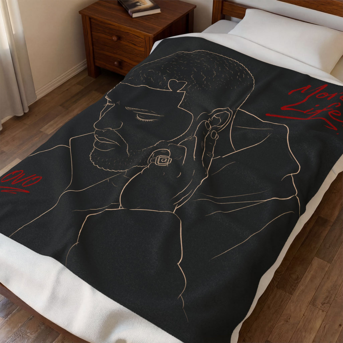 Drake Minimal Line Art Portrait with Red Script Velveteen Plush Blanket