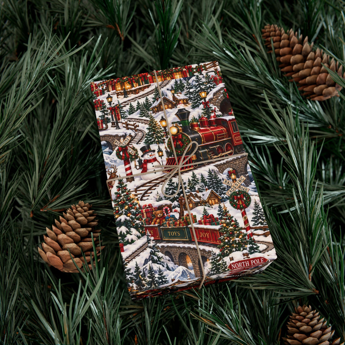 North Pole Express Wrapping Paper – Christmas Train, Reindeer & Snowy Village Holiday Gift Wrap