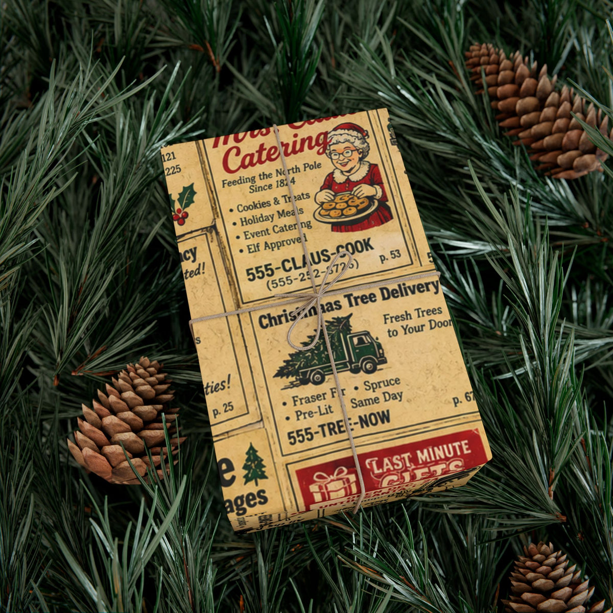 Holiday Yellow Pages Christmas Wrapping Paper – Retro North Pole Directory Gift Wrap