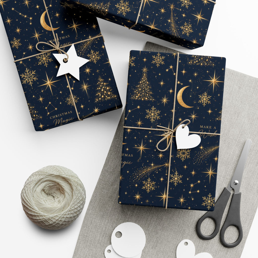 Midnight Stars Christmas Wrapping Paper – Navy & Gold Celestial Holiday Gift Wrap