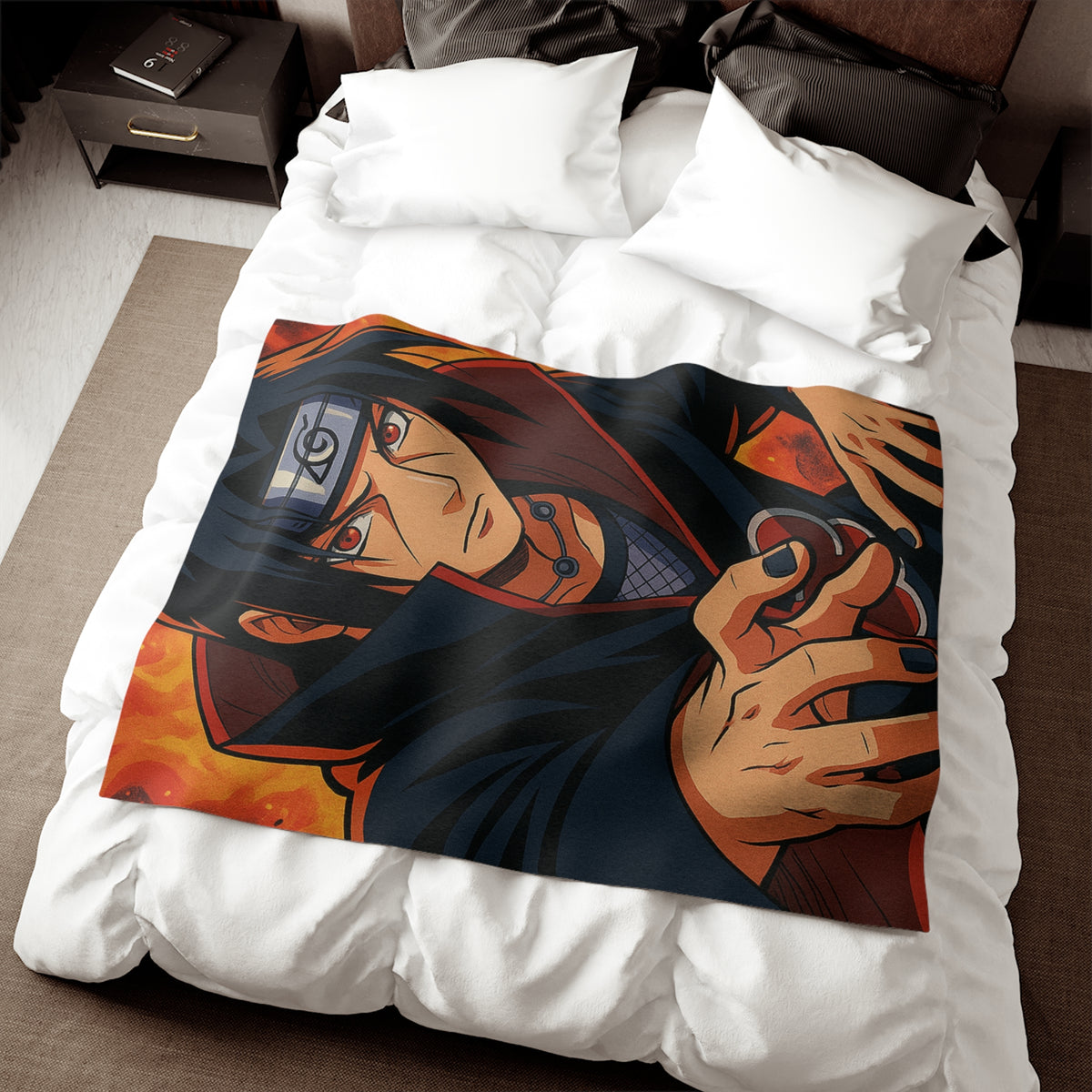Akatsuki Sasuke anime-inspired sweatshirt blanket with dramatic fire-scene character artwork displayed on a bed