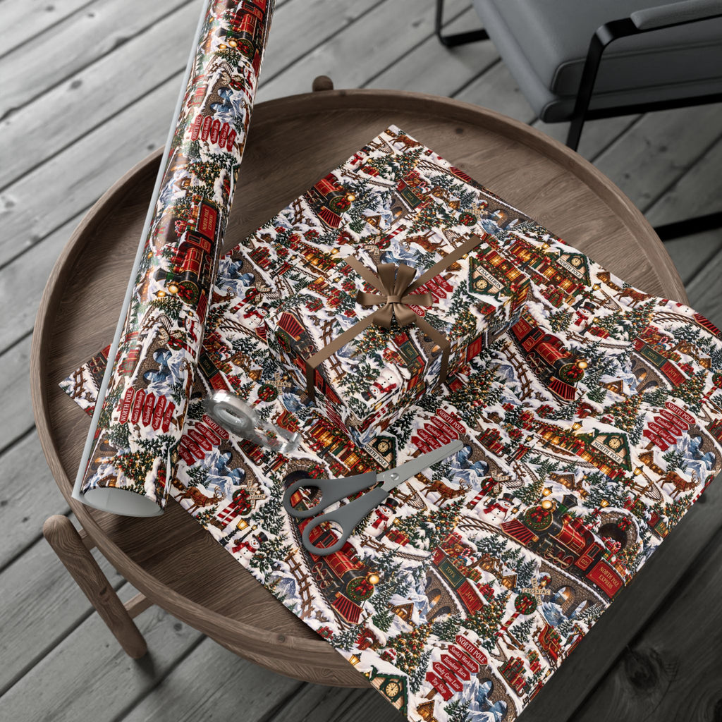 North Pole Express Wrapping Paper – Christmas Train, Reindeer & Snowy Village Holiday Gift Wrap