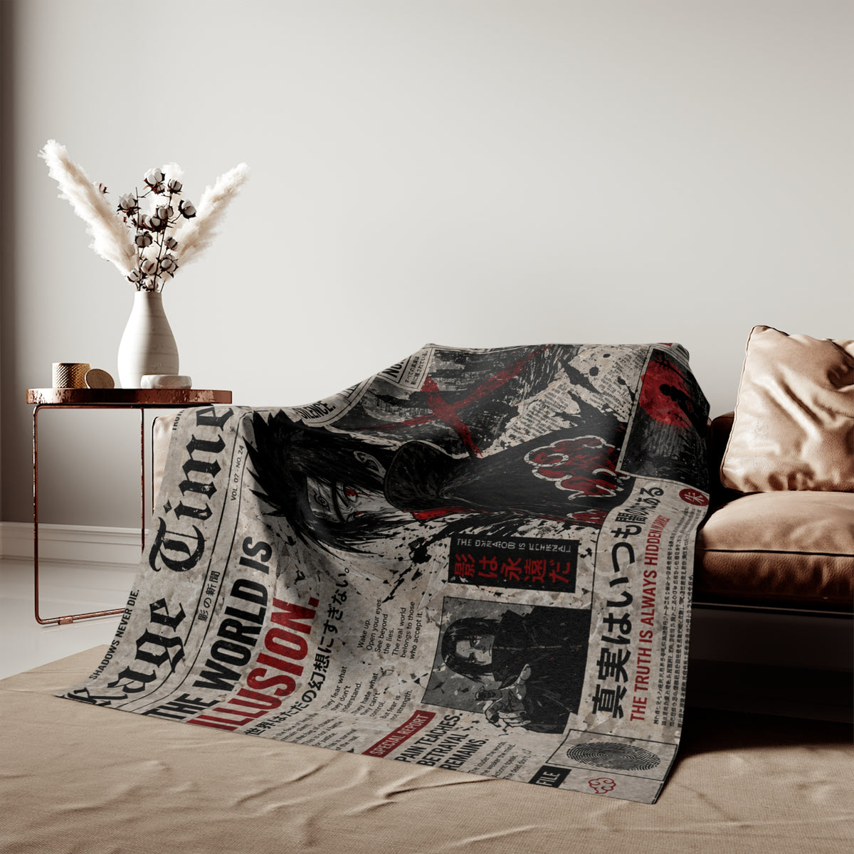 Kage District Newspaper Style Anime Ninja Sweatshirt Blanket | Manga Graphic Throw Blanket