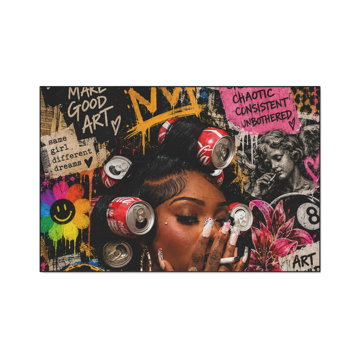 Graffiti Glam floor mat artwork with a woman’s portrait, colorful flowers, pop-art collage and Make Good Art graffiti lettering