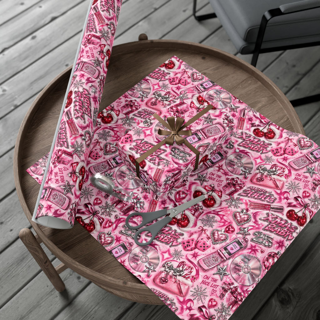 Xmas Baby Y2K Christmas Wrapping Paper – Pink Chrome 2000s Holiday Gift Wrap