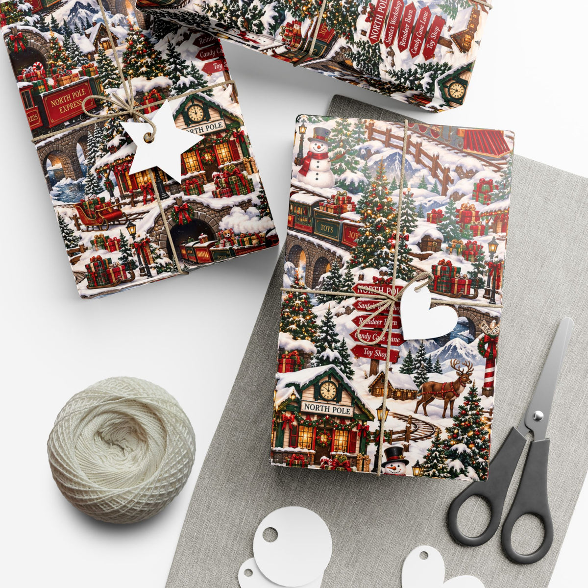 North Pole Express Wrapping Paper – Christmas Train, Reindeer & Snowy Village Holiday Gift Wrap