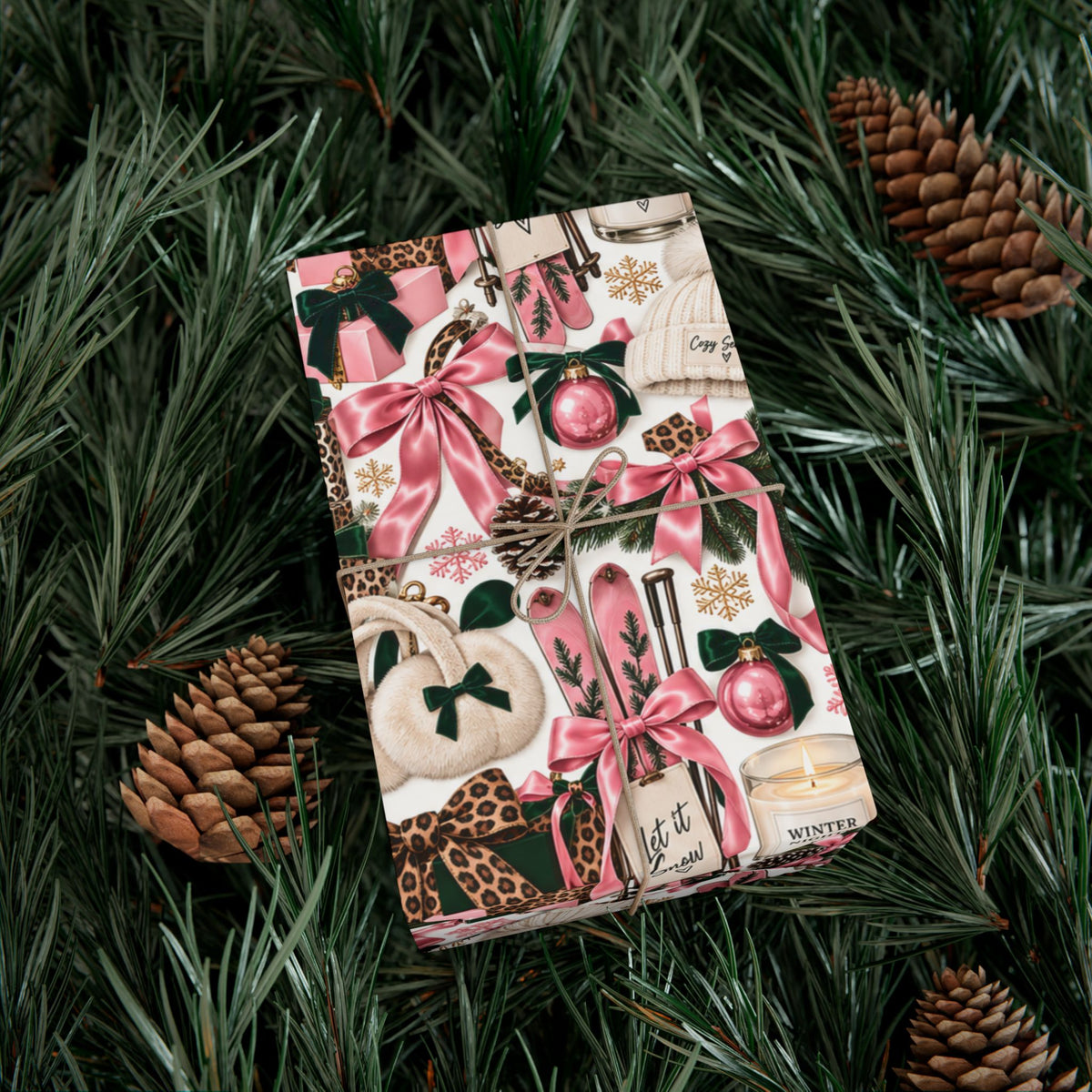 Cozy Season Christmas Wrapping Paper – Pink, Leopard & Emerald Winter Gift Wrap