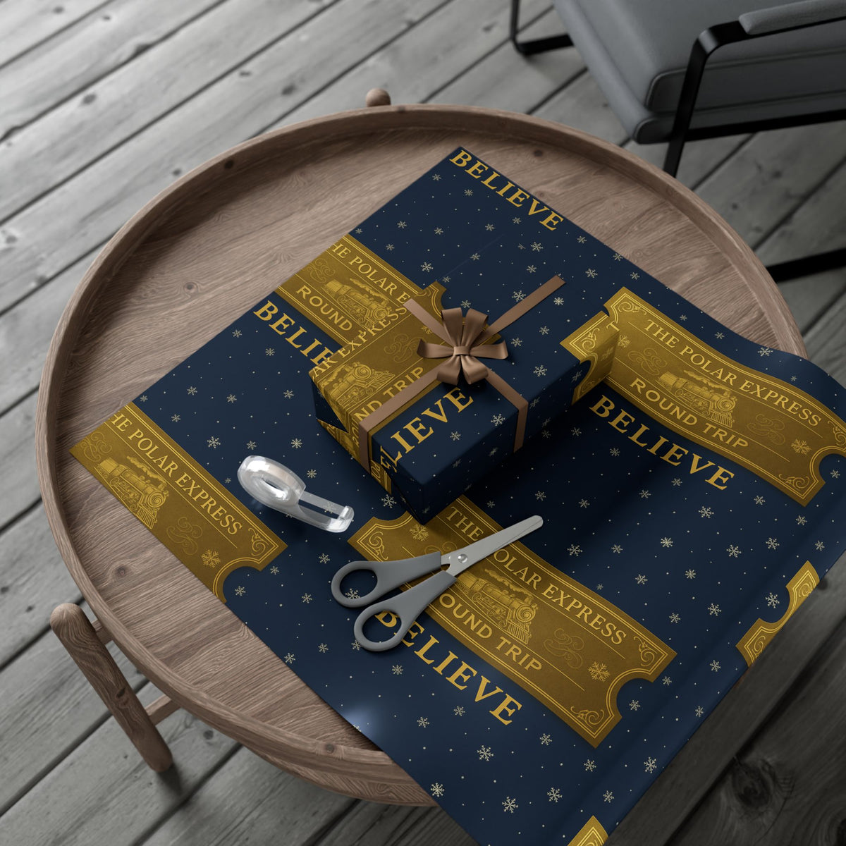 Christmas Golden Ticket Gift Wrap Papers - Polar Express Design for Holiday Parties, Movie Nights, DIY Gift Surprises. Navy Blue and Gold