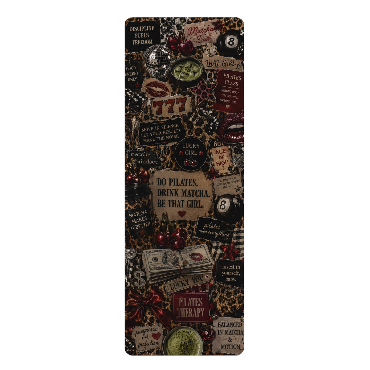 Matcha & Pilates Collage Rubber Yoga Mat | Retro Lucky Girl Pattern