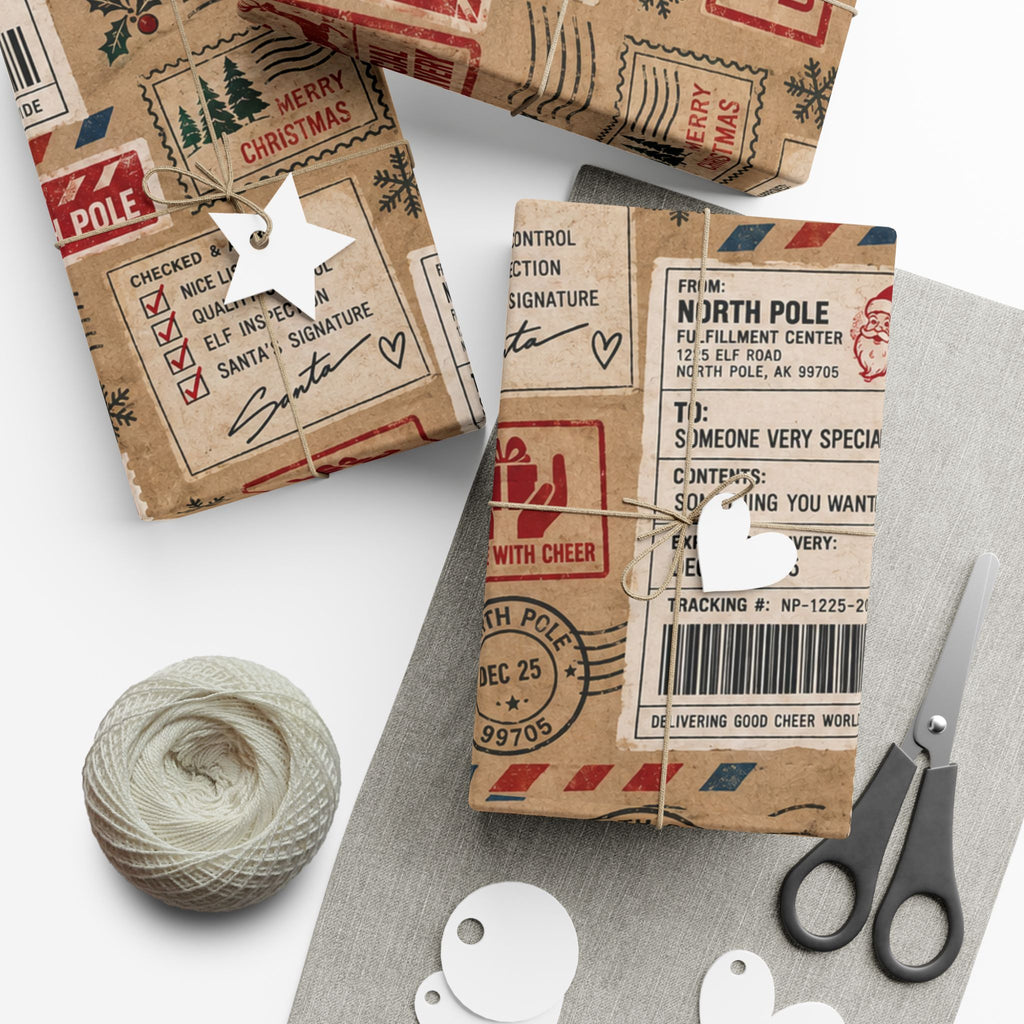 Package in Transit Christmas Wrapping Paper – North Pole Shipping Label Holiday Gift Wrap