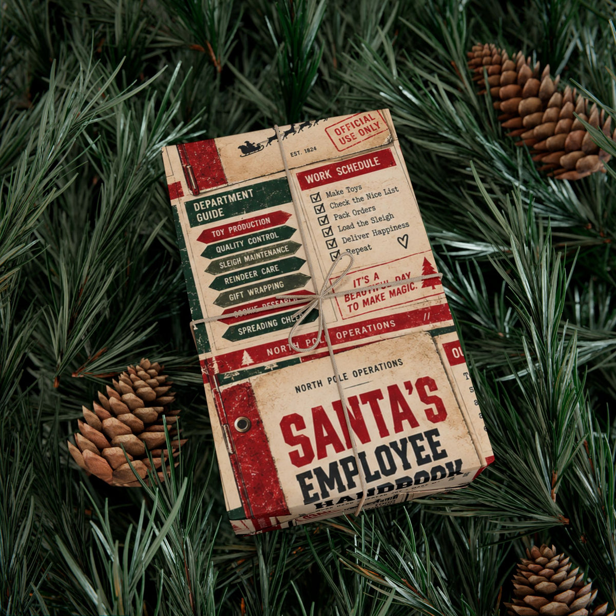 Santa’s Employee Handbook Christmas Wrapping Paper – Funny North Pole Office Holiday Gift Wrap