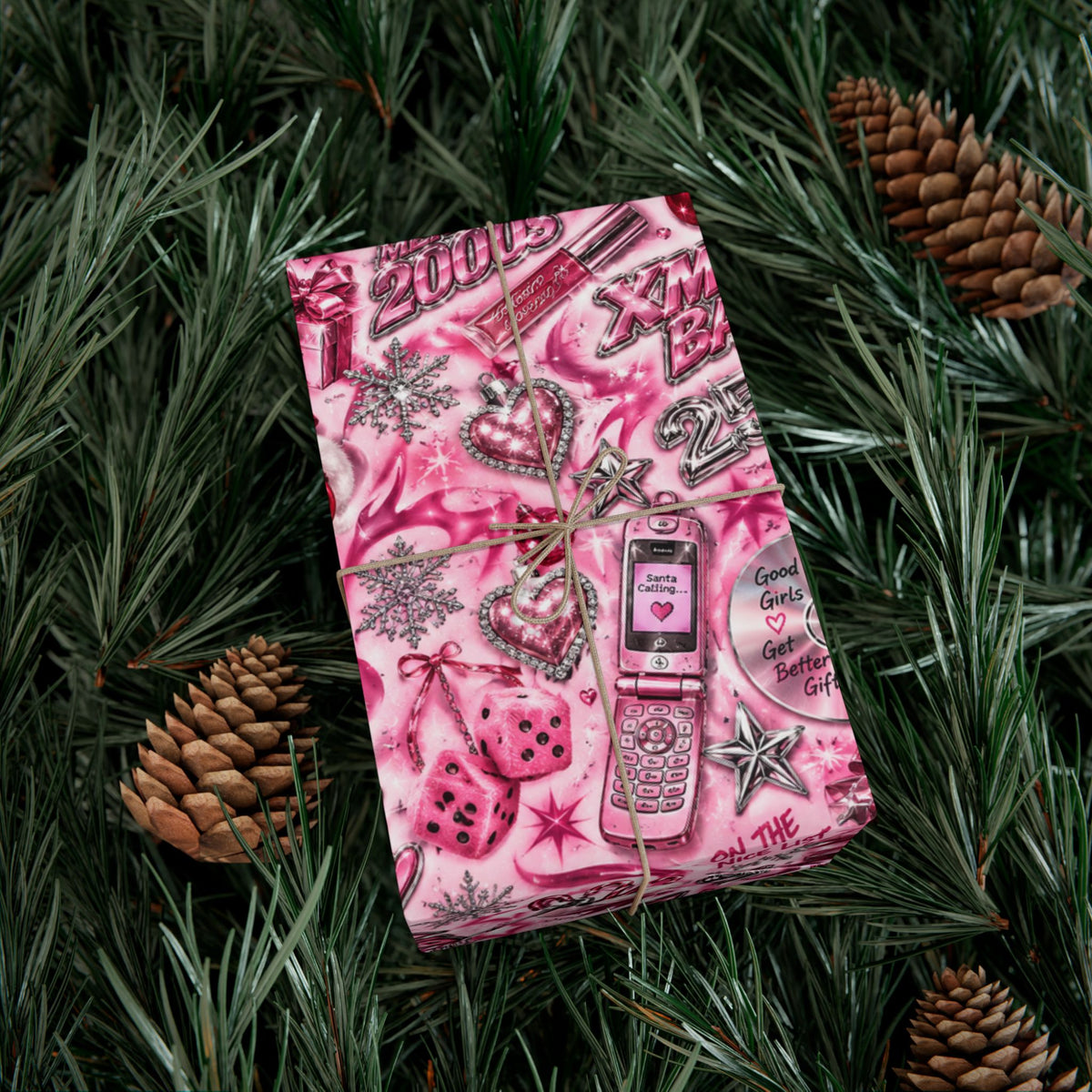 Xmas Baby Y2K Christmas Wrapping Paper – Pink Chrome 2000s Holiday Gift Wrap