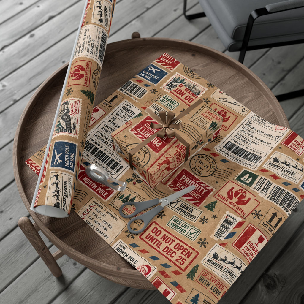 Package in Transit Christmas Wrapping Paper – North Pole Shipping Label Holiday Gift Wrap