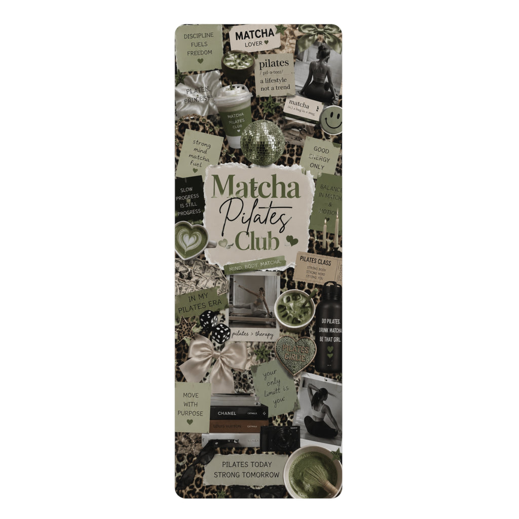 Matcha Pilates Club rubber yoga mat with collage-style matcha labels, wellness photos and white torn-paper lettering
