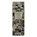 Matcha Pilates Club rubber yoga mat with collage-style matcha labels, wellness photos and white torn-paper lettering