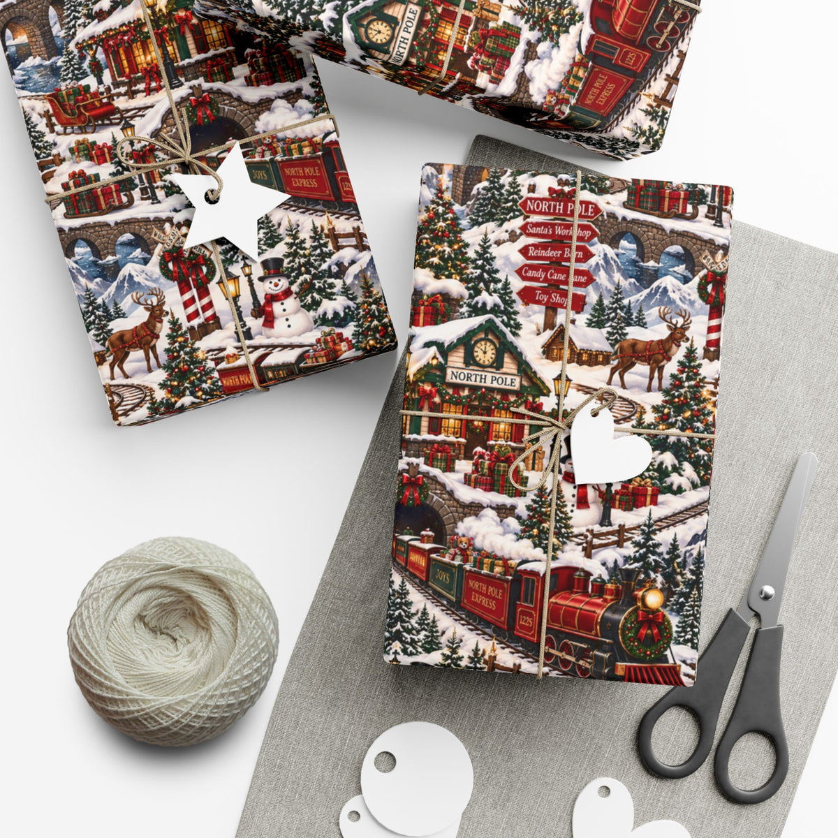 North Pole Express Wrapping Paper – Christmas Train, Reindeer & Snowy Village Holiday Gift Wrap