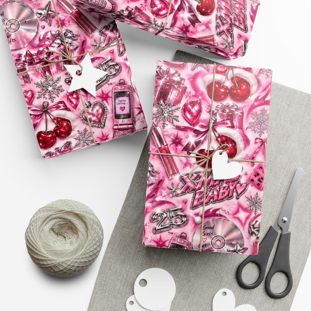 Xmas Baby Y2K Christmas Wrapping Paper – Pink Chrome 2000s Holiday Gift Wrap
