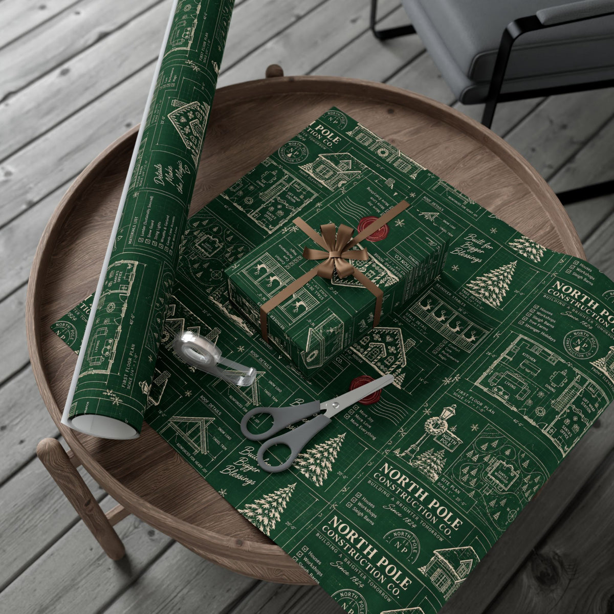 Christmas Blueprint Wrapping Paper – North Pole Architectural Plans Holiday Gift Wrap