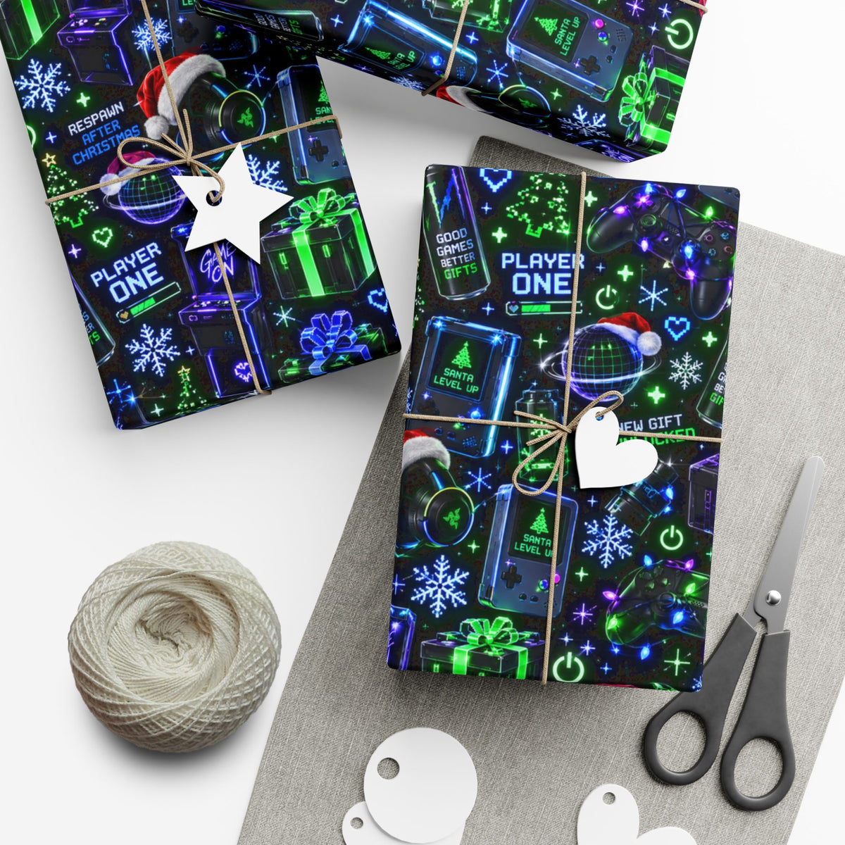 Gift Wrap Paper — Neon Gamer Holiday Pattern (Player One, Snowflakes & Controllers)