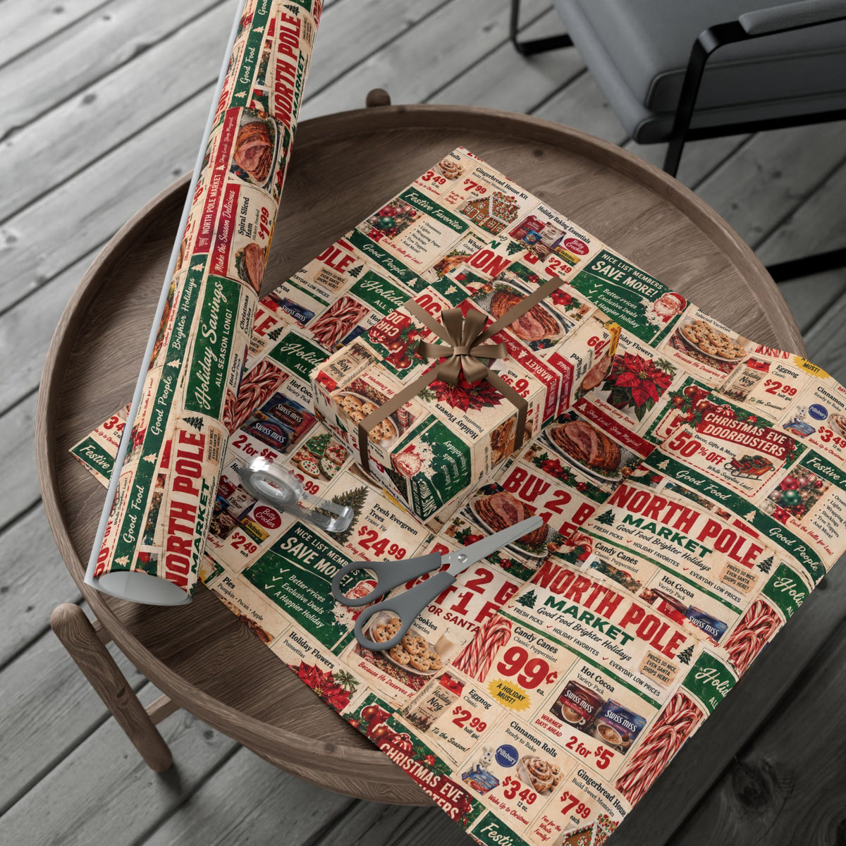 North Pole Market Christmas Wrapping Paper – Retro Grocery Circular Holiday Gift Wrap