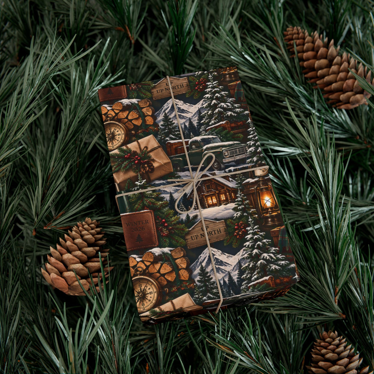 Cabin Season Christmas wrapping paper on a twine-tied gift, featuring a rustic mountain lodge and snowy winter landscape