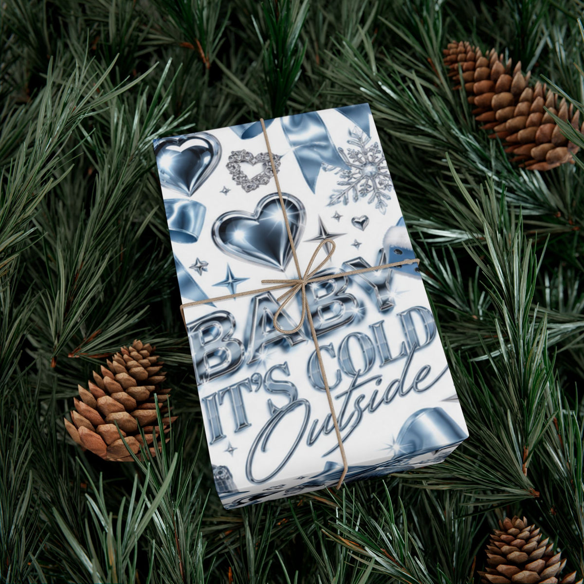 Baby It’s Cold Y2K Christmas Wrapping Paper – Icy Blue & Chrome Holiday Gift Wrap