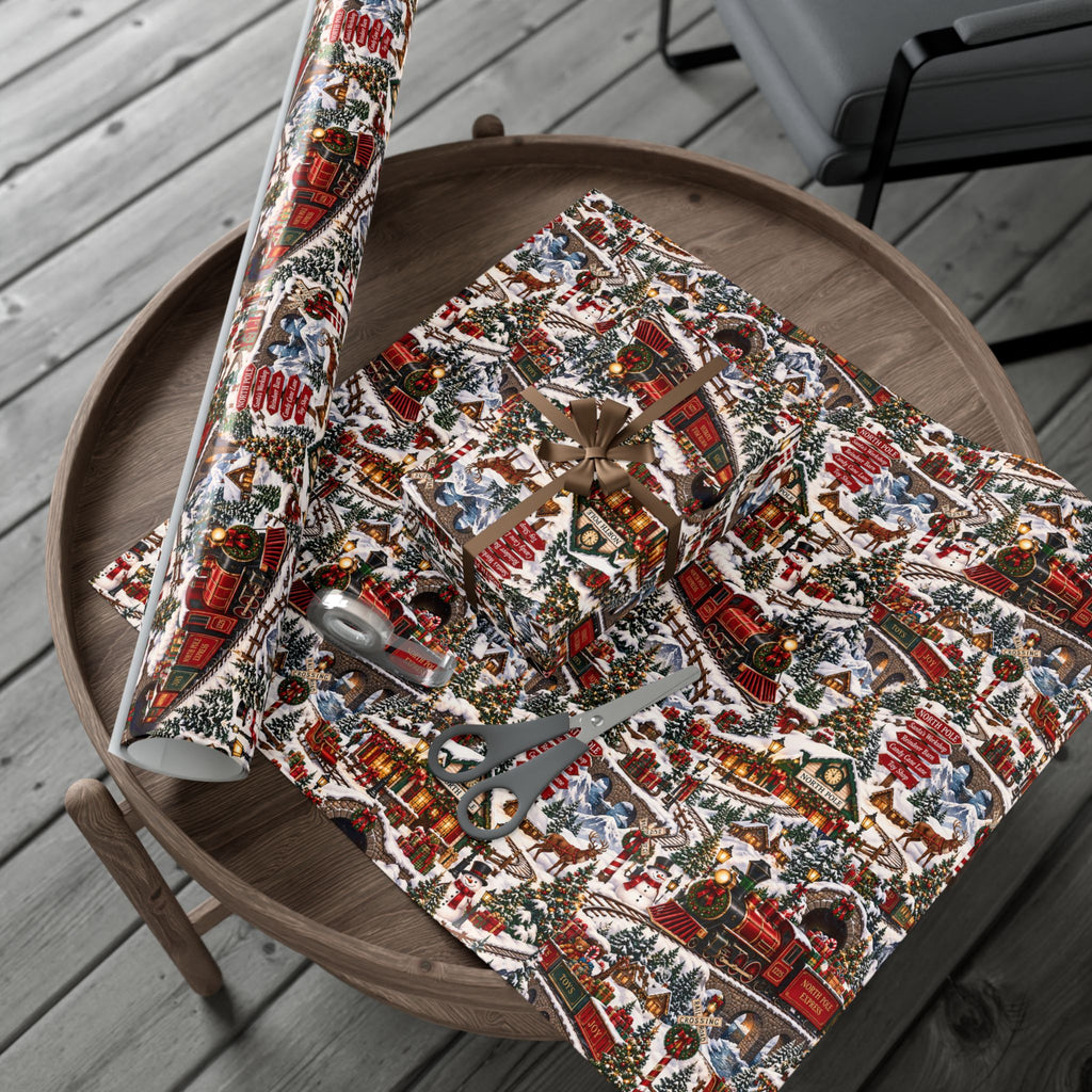 North Pole Express Wrapping Paper – Christmas Train, Reindeer & Snowy Village Holiday Gift Wrap