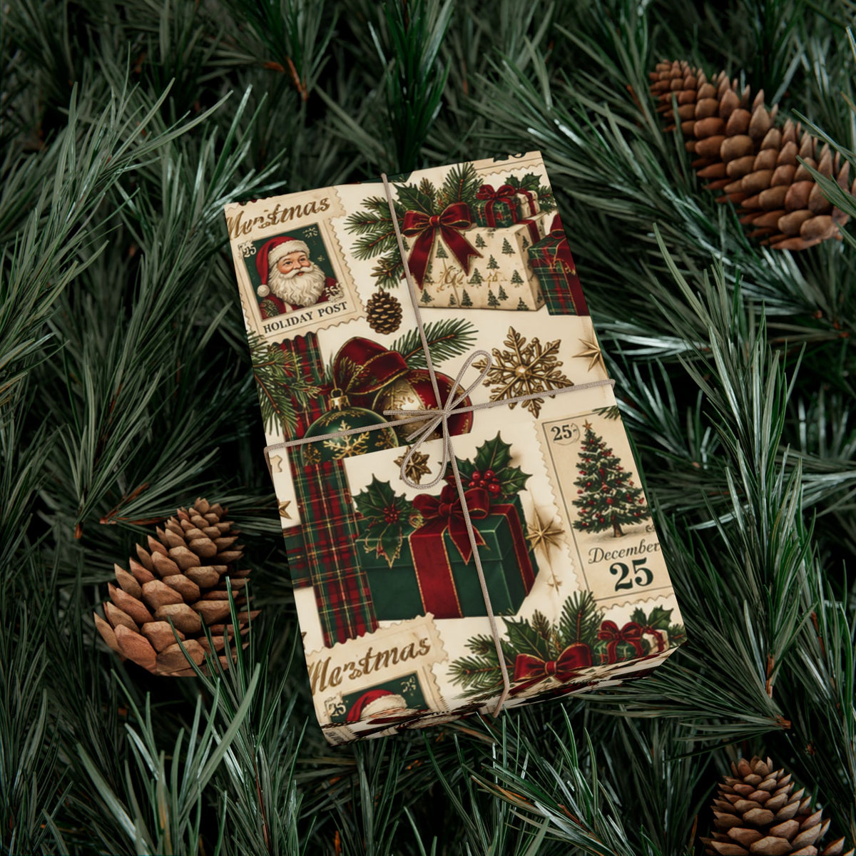 Christmas at the Estate vintage wrapping paper on a gift tied with twine, featuring Santa, red bows, holly and traditional holiday illustrations