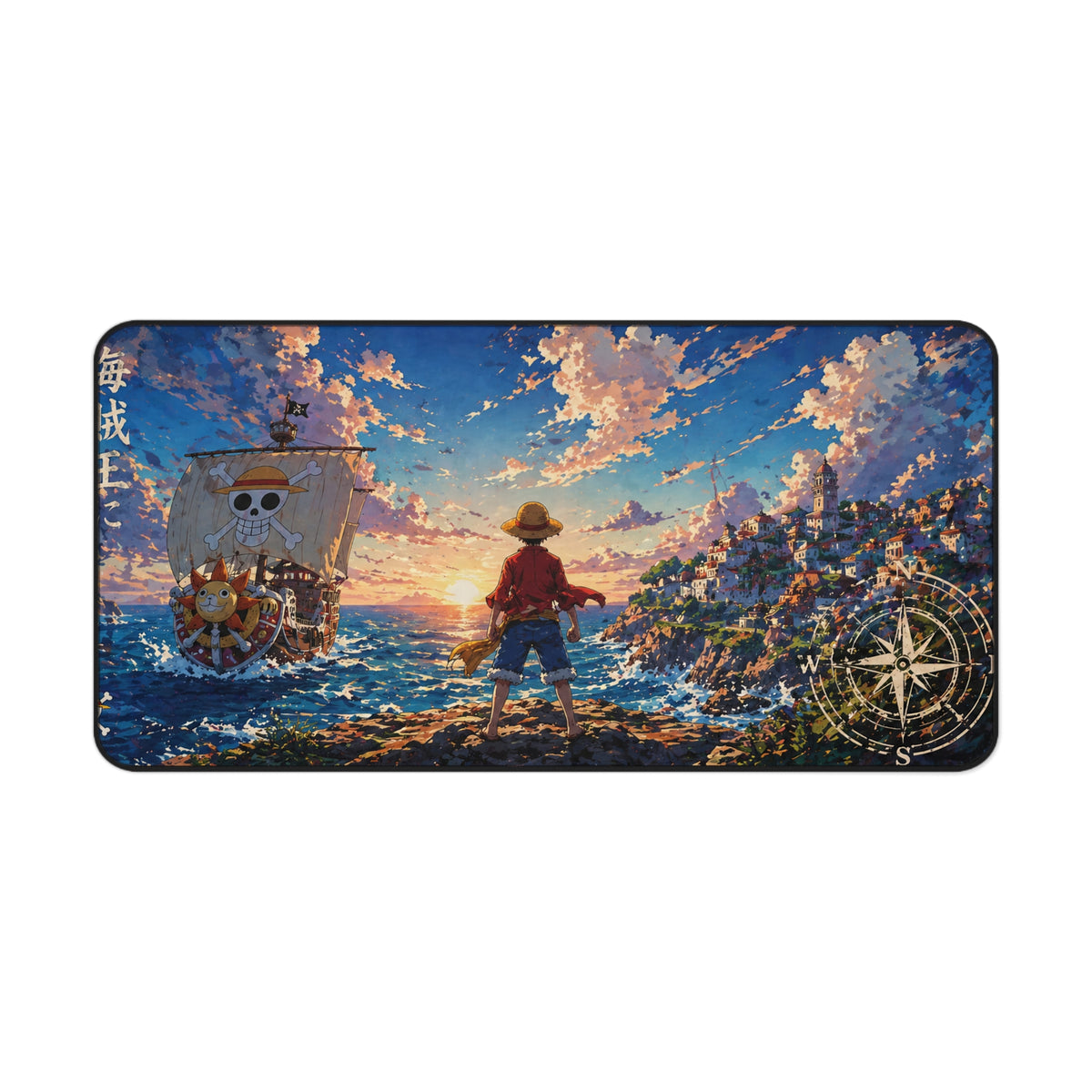 Pirate Sunset Scene Desk Mat | One Piece Inspired Ocean Ship Compass Anime Illustration
