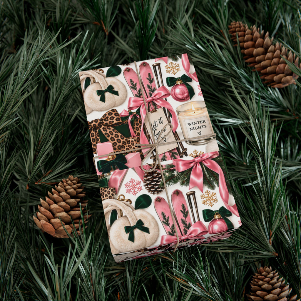 Cozy Season Christmas Wrapping Paper – Pink, Leopard & Emerald Winter Gift Wrap