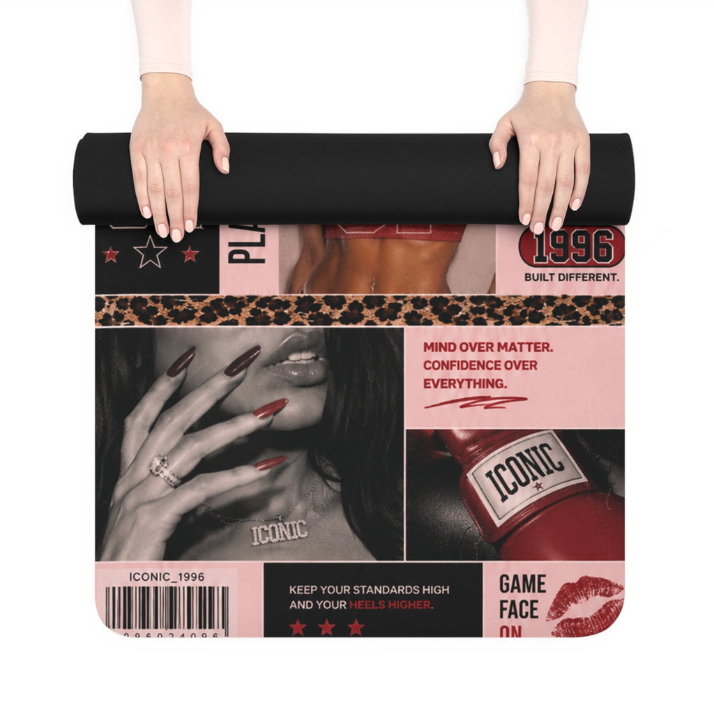 Iconic Magazine Collage Rubber Yoga Mat | Retro Glam Poster Design
